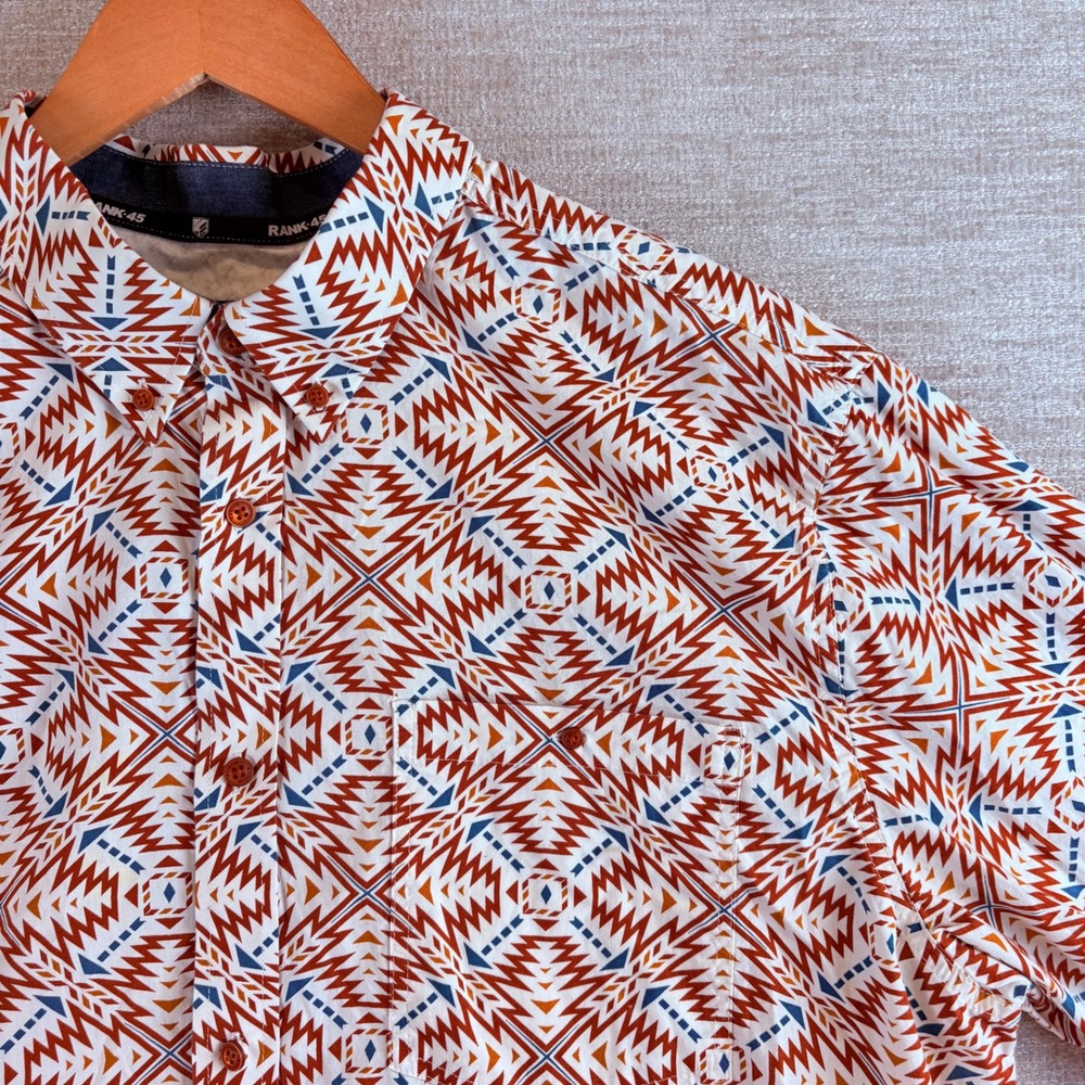 Rank 45 Mens XXL White Orange Geometric Southwestern Aztec Button Down Shirt EUC